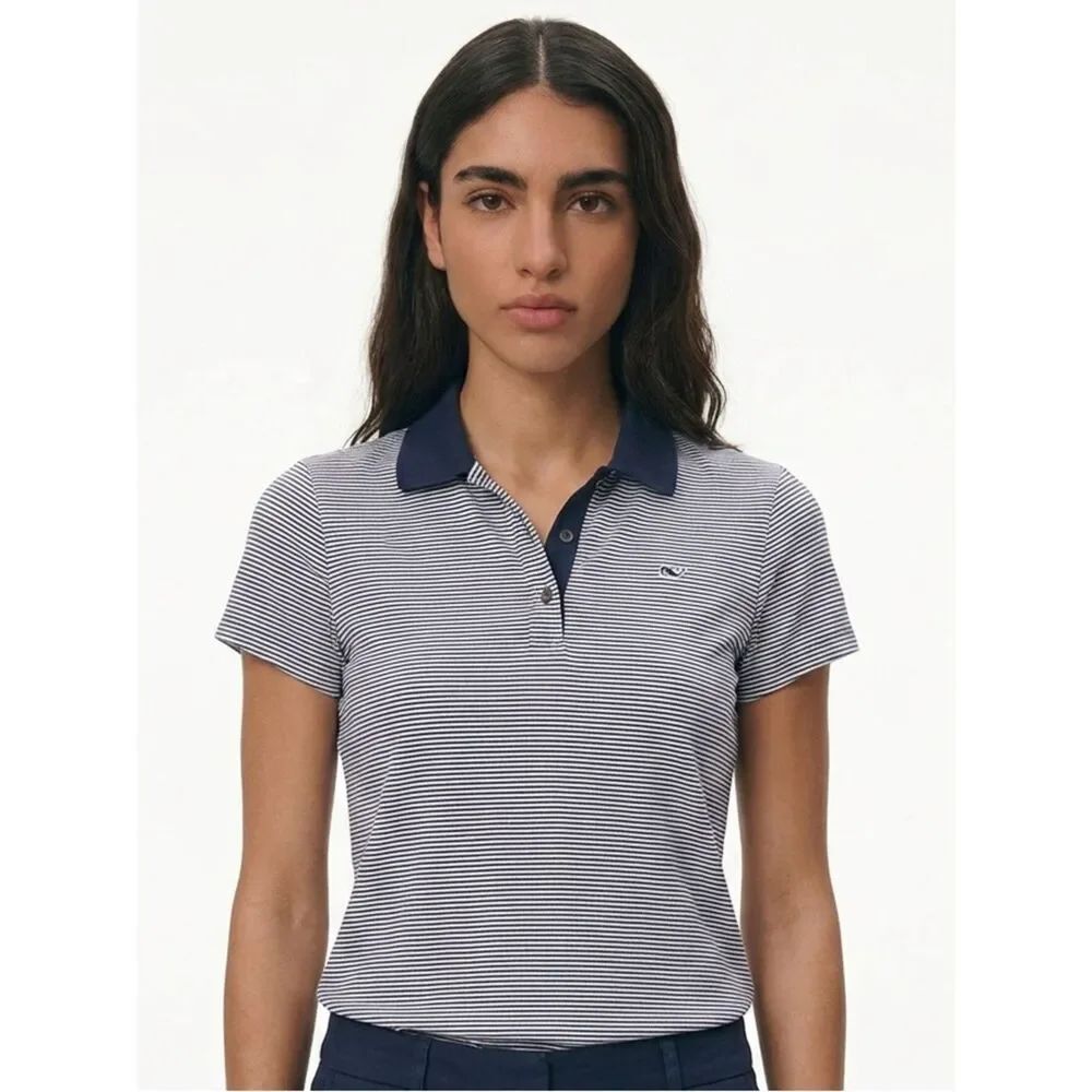 VINEYARD VINES | Striped Performance Polo Short Sleeve Top Navy Blue White XS